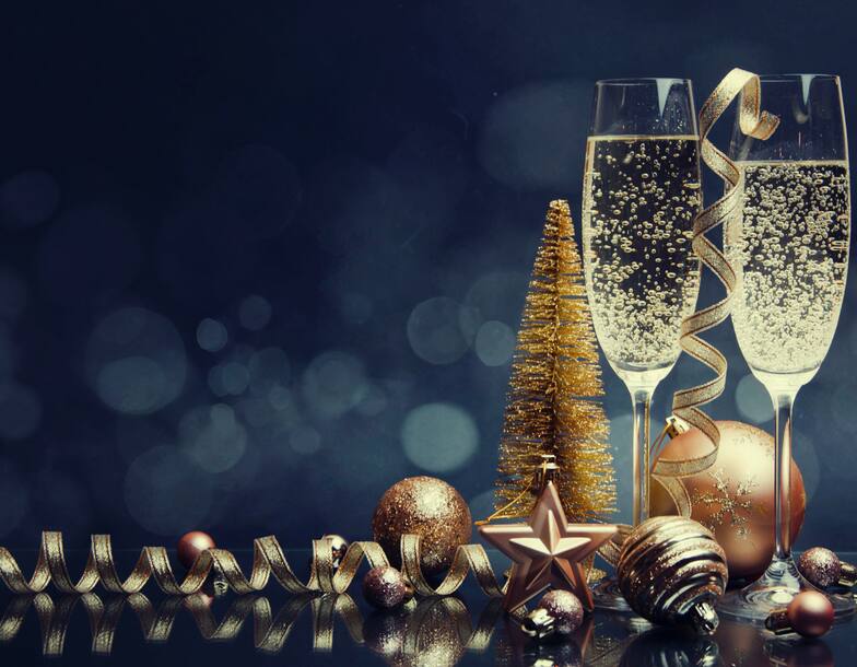 champagne glasses in festive seasonal display