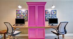 Business Center with Two Computer Stations and Colorful Supply Cabinet