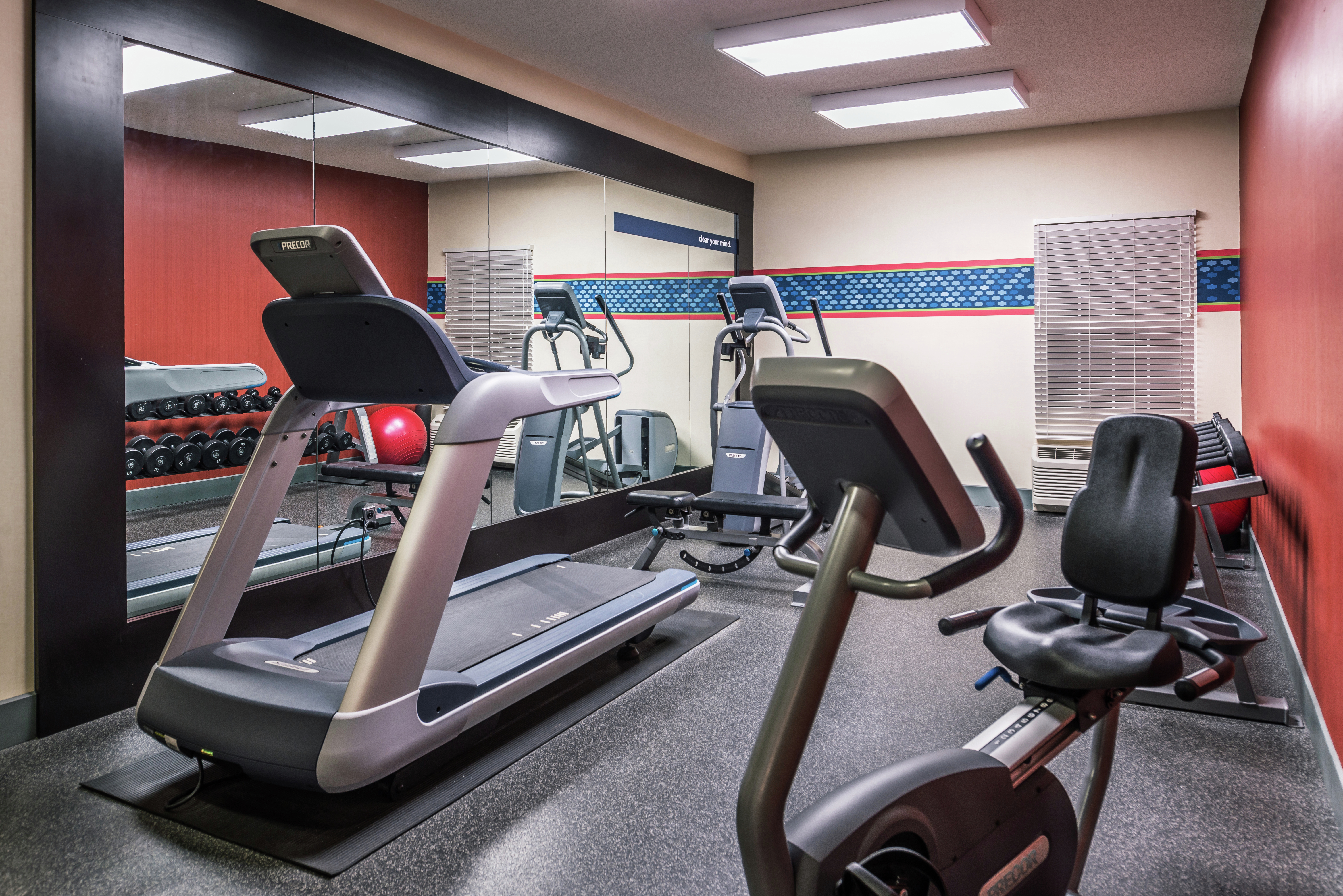 Fitness room with weights and treadmills