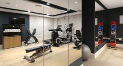 Fitness Center With TV, Towel Station, Free Wights, Weight Bench and Cardio Equipment Reflected in Mirrored Wall, Grey Exercise Ball, and Weight Balls