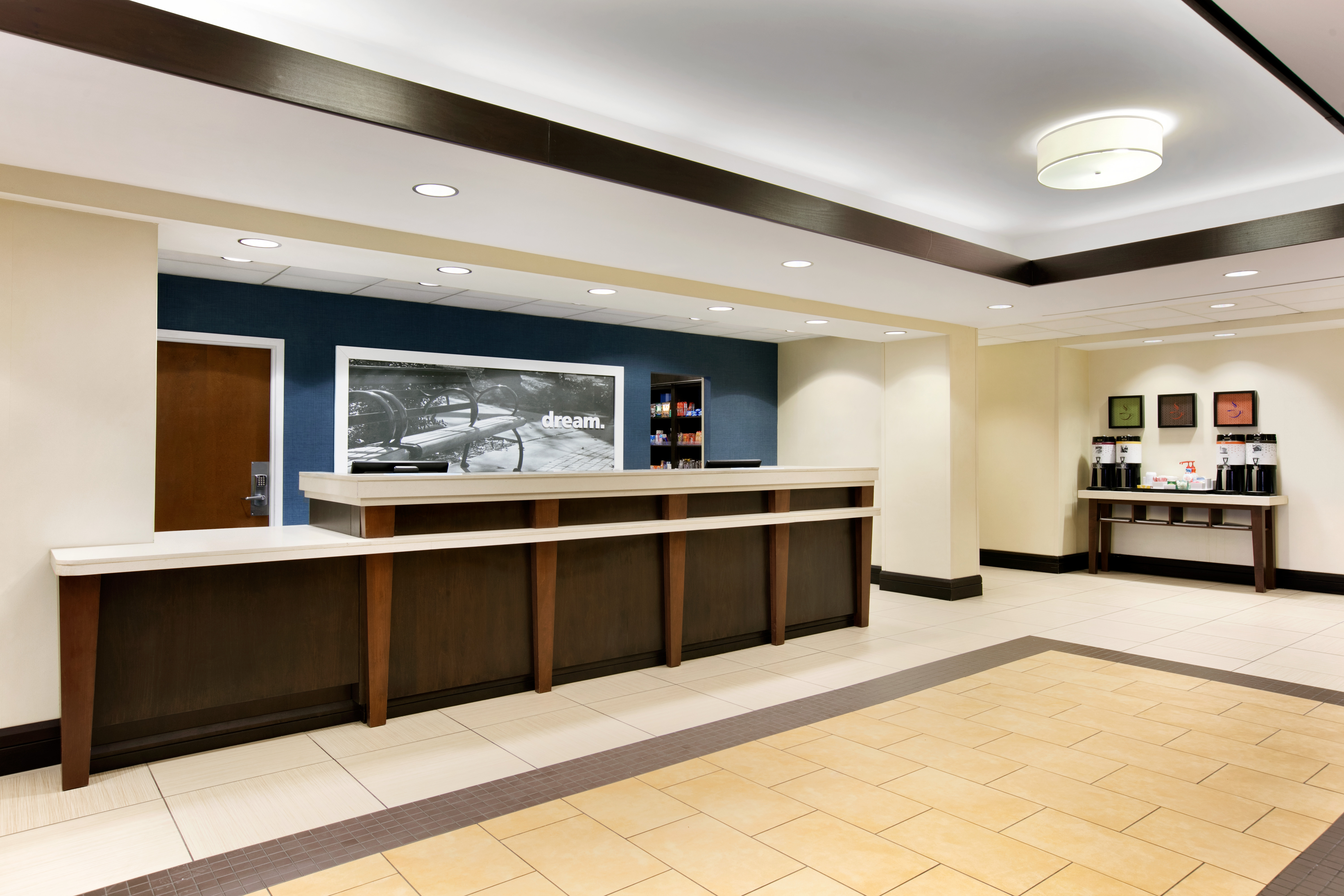 Front Desk and Lobby with Coffee Area