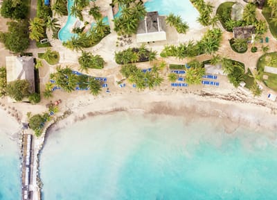Overhead view of lazy river and beach cove at Hilton Rose Hall