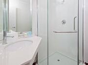Vanity and Standing Shower with Glass Door in Suite Bathroom