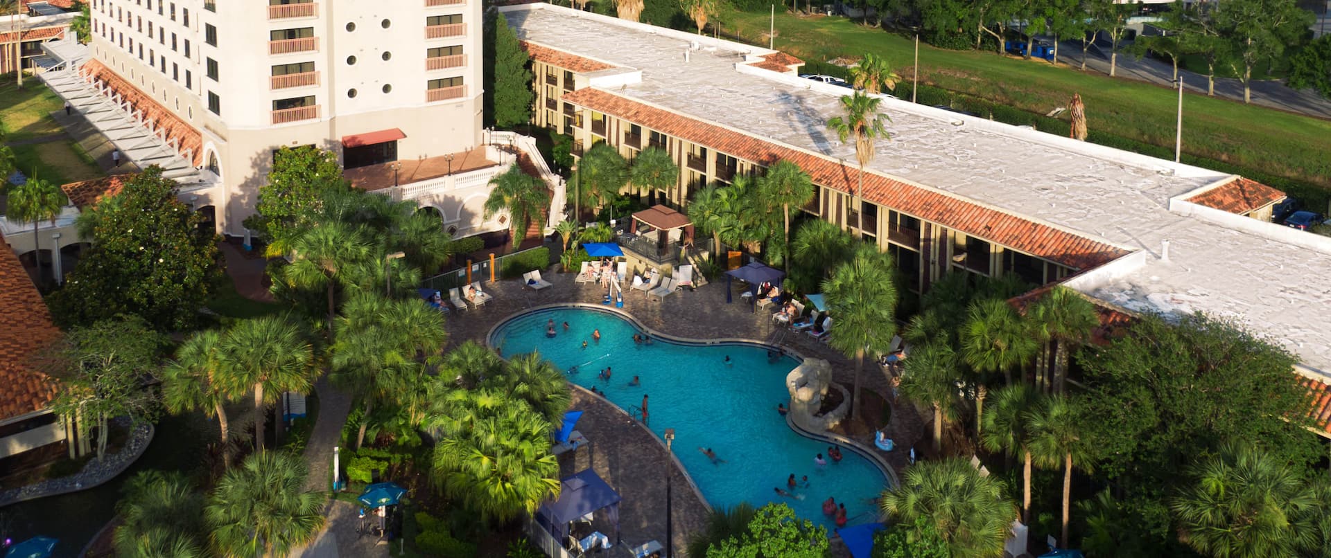Aerial View of Hotel Tower and Lagoon Pool