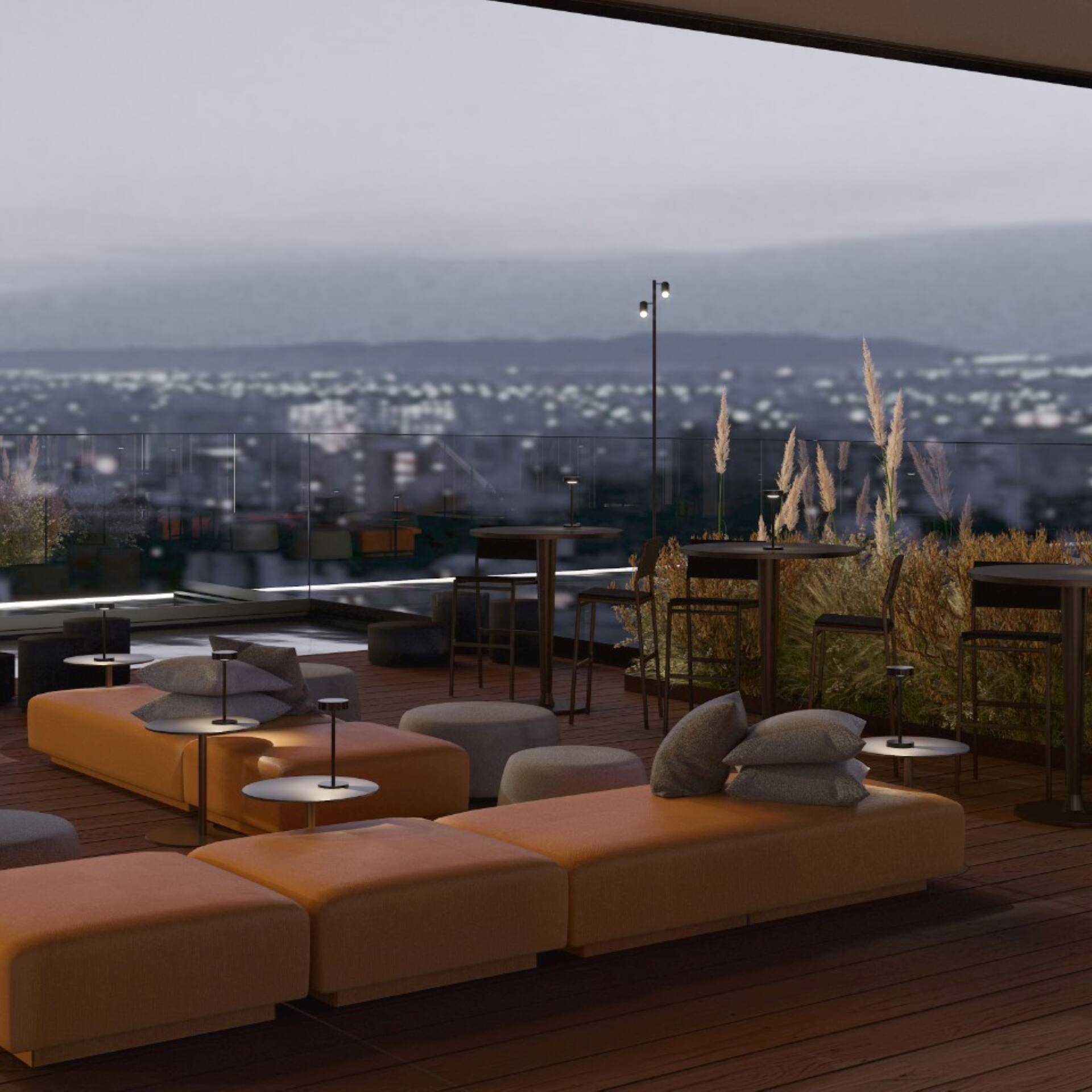 Rooftop with seating and dining tables