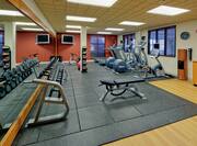 Fitness Center With TV, Weight Balls, Red Stability Ball, Cardio Equipment, Water Cooler, Towel Station, and Weight Bench, and Free Weights by Mirrored Wall