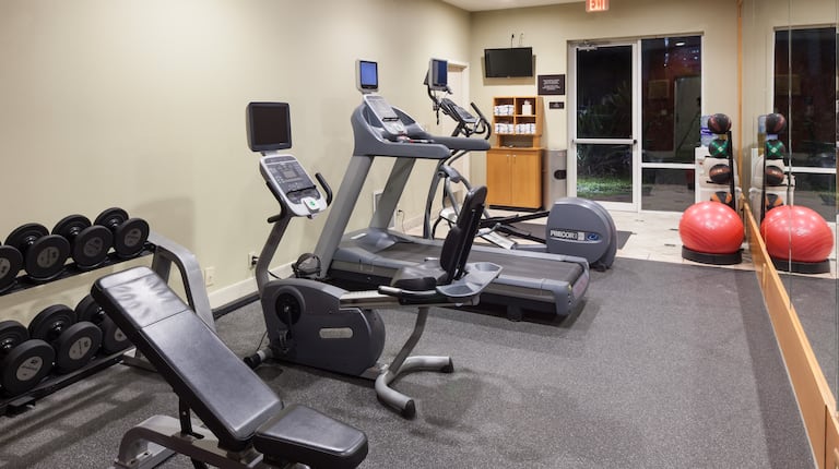 Fitness Center With Glass Entry Door, Water Cooler, Weight Balls, Red Stability Ball, Mirrored Wall, Weight Bench, Free Weights, Cardio Equipment, TV, and Towel Station