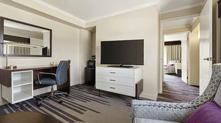 Suite Living Room and Lounge Area with HDTV and Work Desk 
