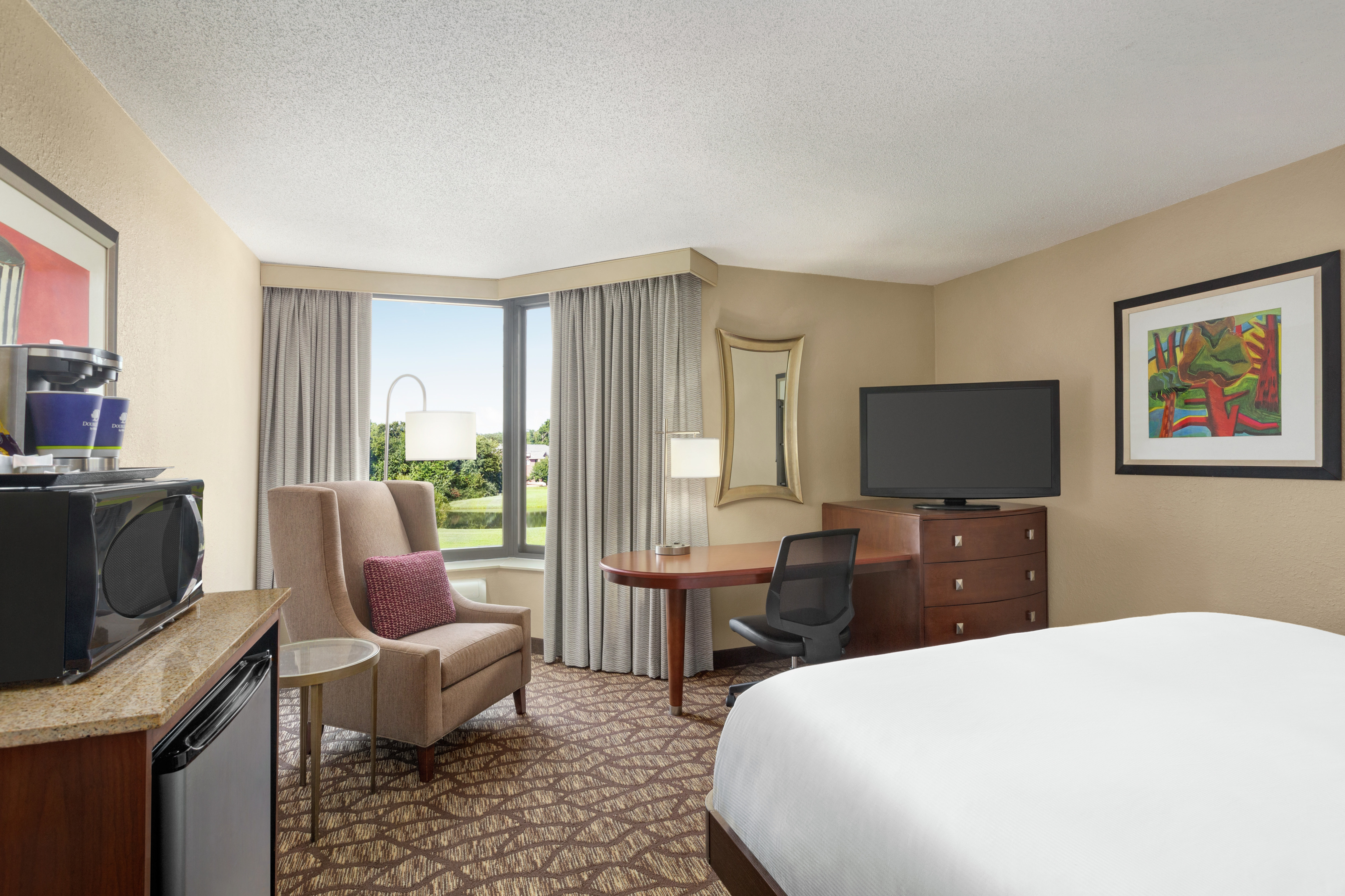 Spacious accessible guest room featuring comfortable king bed, TV, work desk, and beautiful outside view.