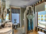 Beach Villa Bathroom with Mirrors, Dual Vanity, Robe, and Walk-In Shower