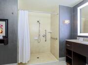 Accessible Bathroom with Roll In Shower Grab Bars and View of Vanity Area with Mirror