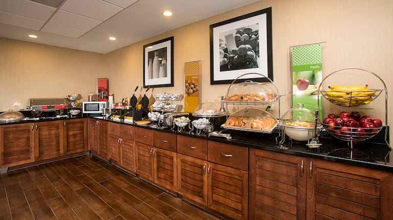 Hot and Cold Buffet Selections on Counters of Breakfast Service Area