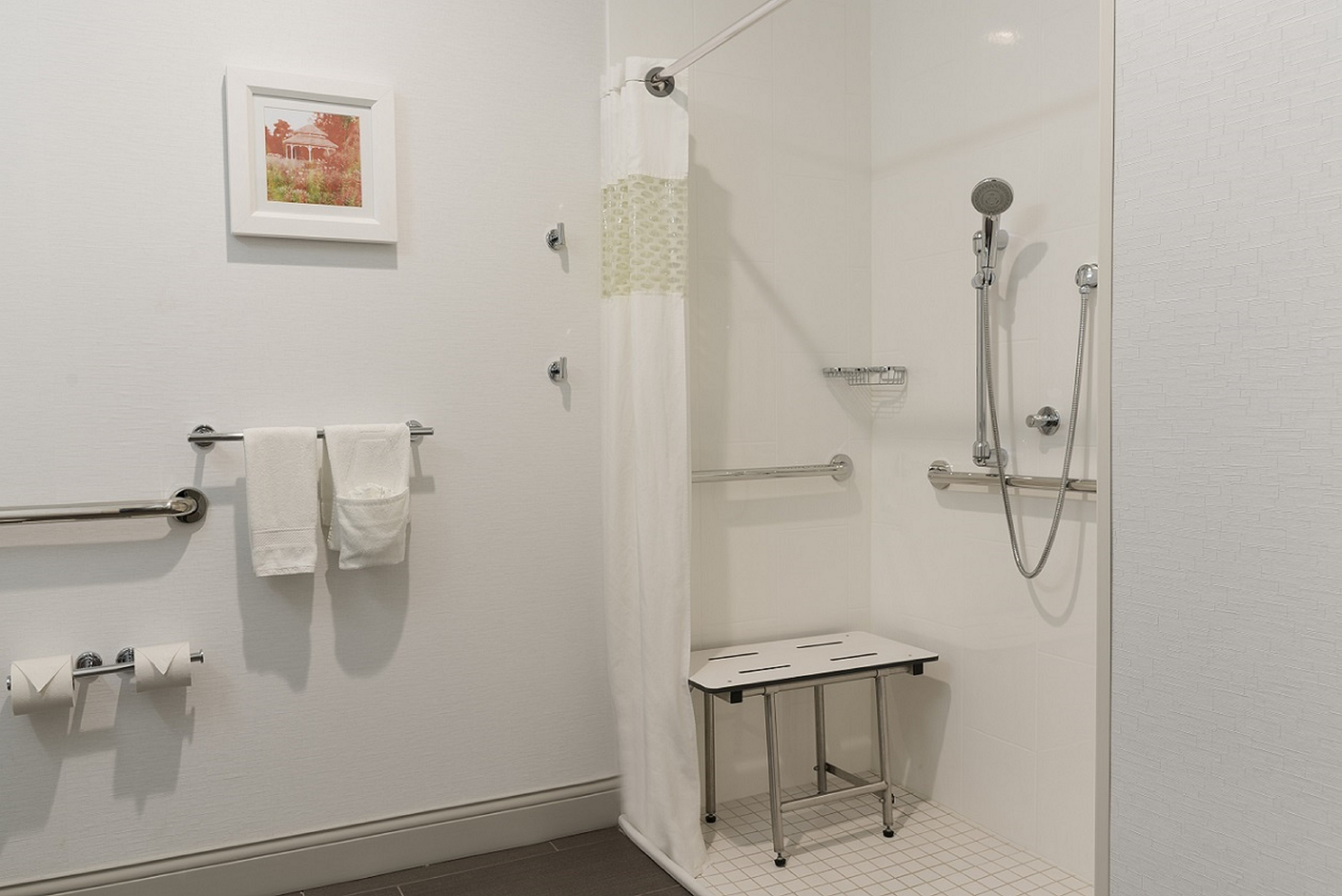 Guest Accessible Bathroom Roll-In Shower with Bench