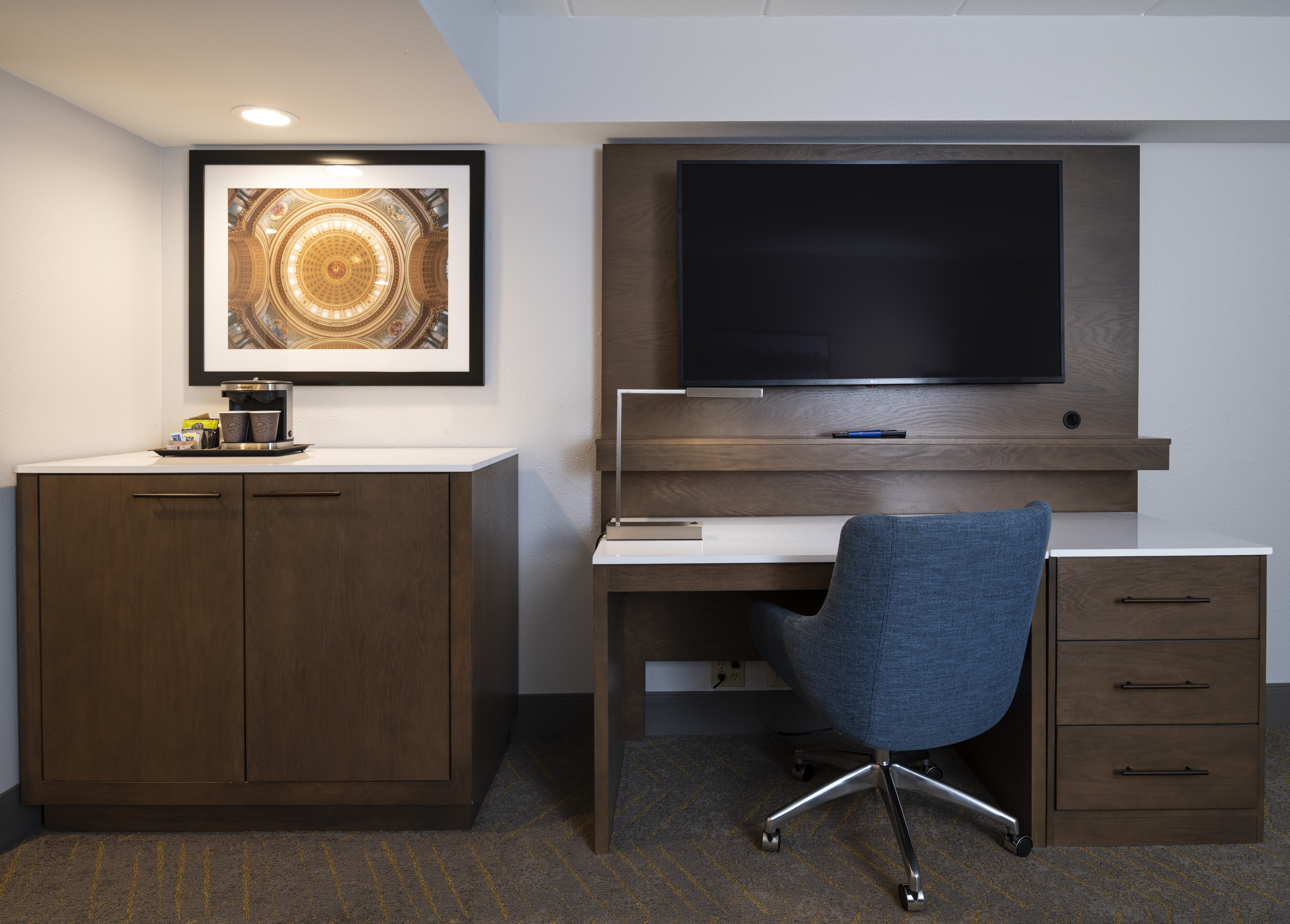 Coffeemaker Desk Area and HDTV in Hotel Suite