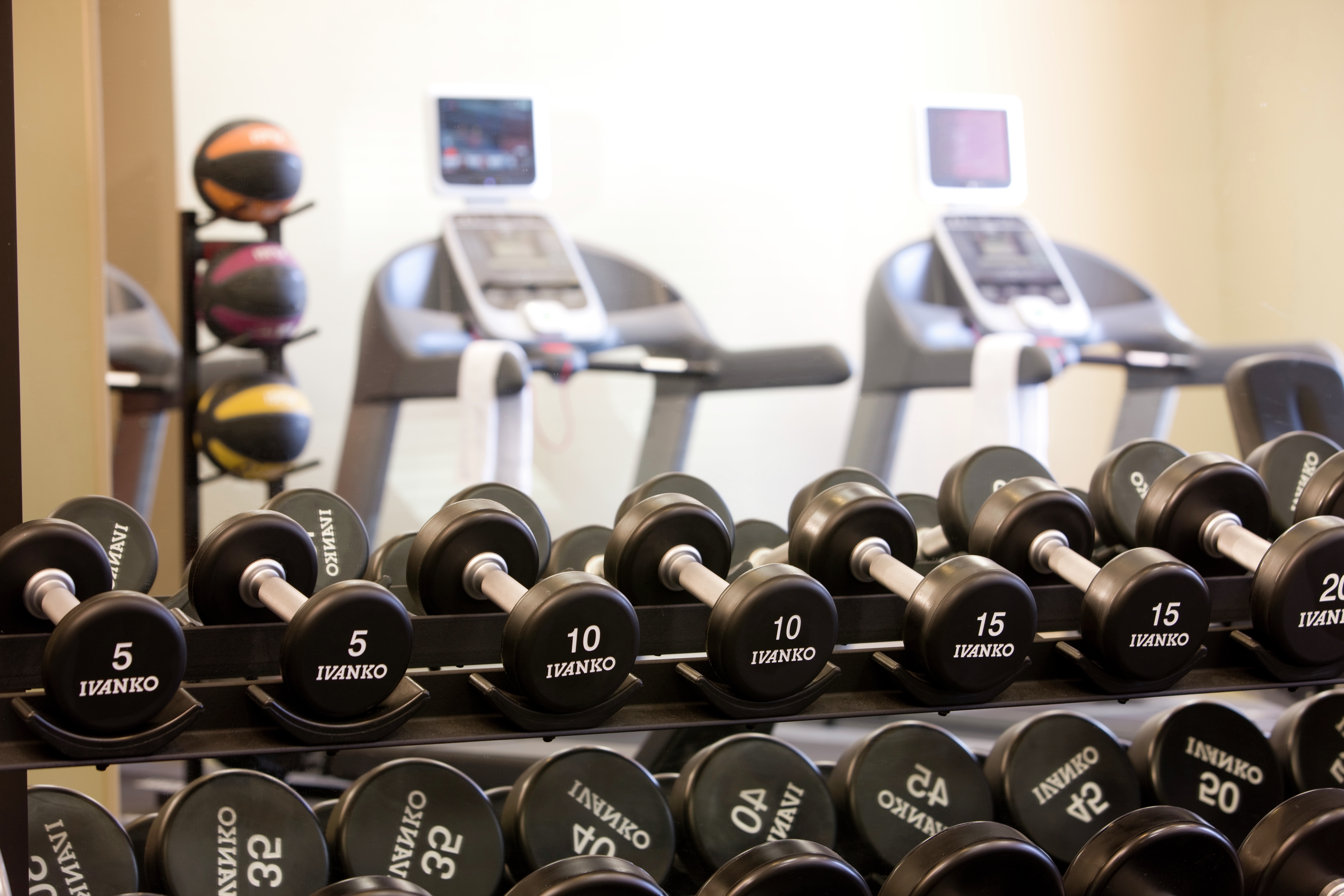 Weight Balls and Cardio Equipment Reflected in Large Mirror by a Rack of Free Weights in Fitness Center