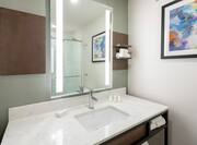 King Guestroom Vanity with Shower in Reflection of Mirror