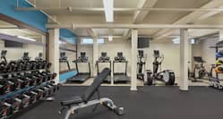 Spacious on-site fitness center fully equipped with free weights, cardio machines, and Peleton spin bikes.