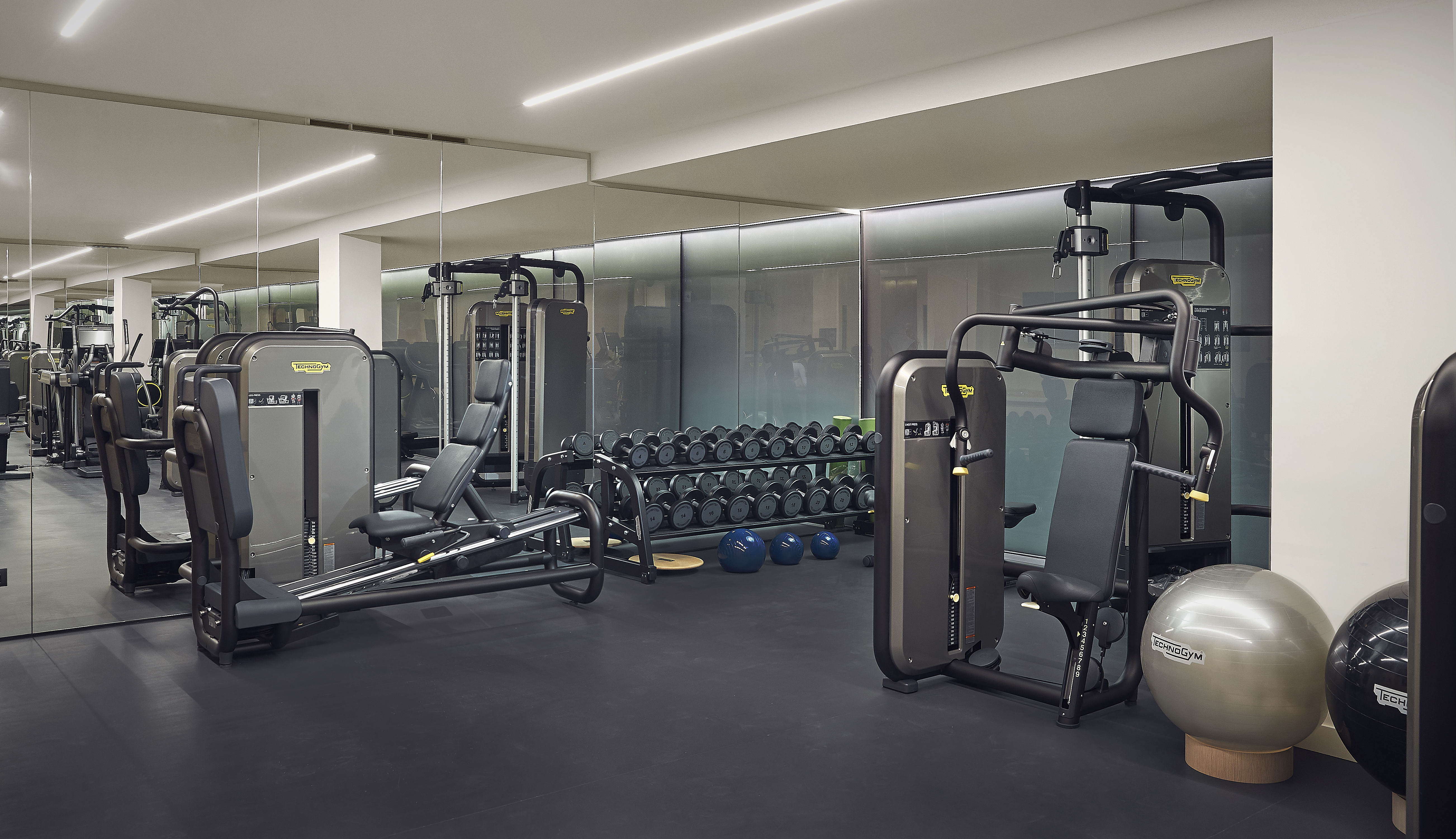Fitness center con macchine per sollevamento pesi, porta manubri e grande specchio