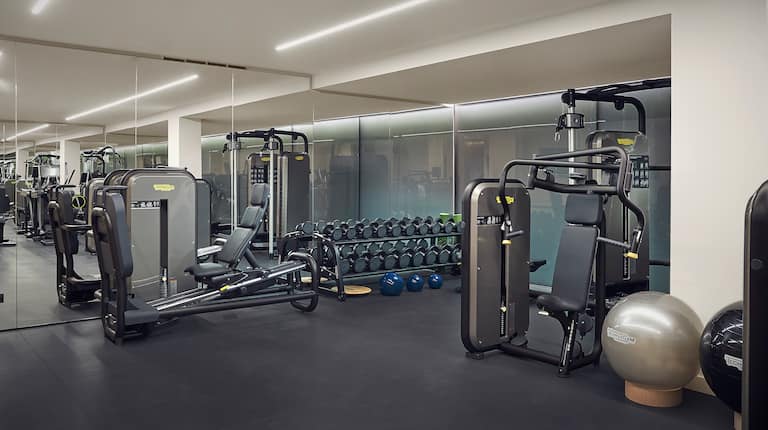 Fitness center con macchine per sollevamento pesi, porta manubri e grande specchio
