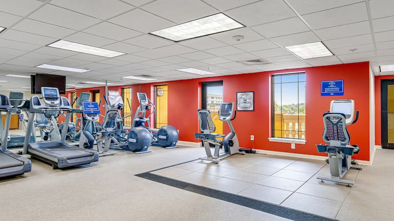fitness center, treadmills, ellipticals and bikes