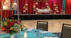 Ballroom With Event Space Setup, Tables With Chairs And Stage 