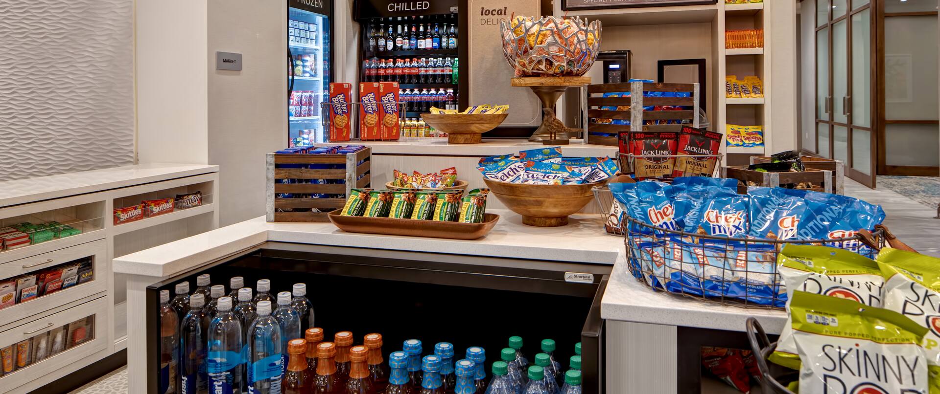snack shop showing various drinks and snacks