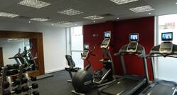 Fitness Center Equipment Including Cardio Machines, Free Weights, Exercise Ball and a TV