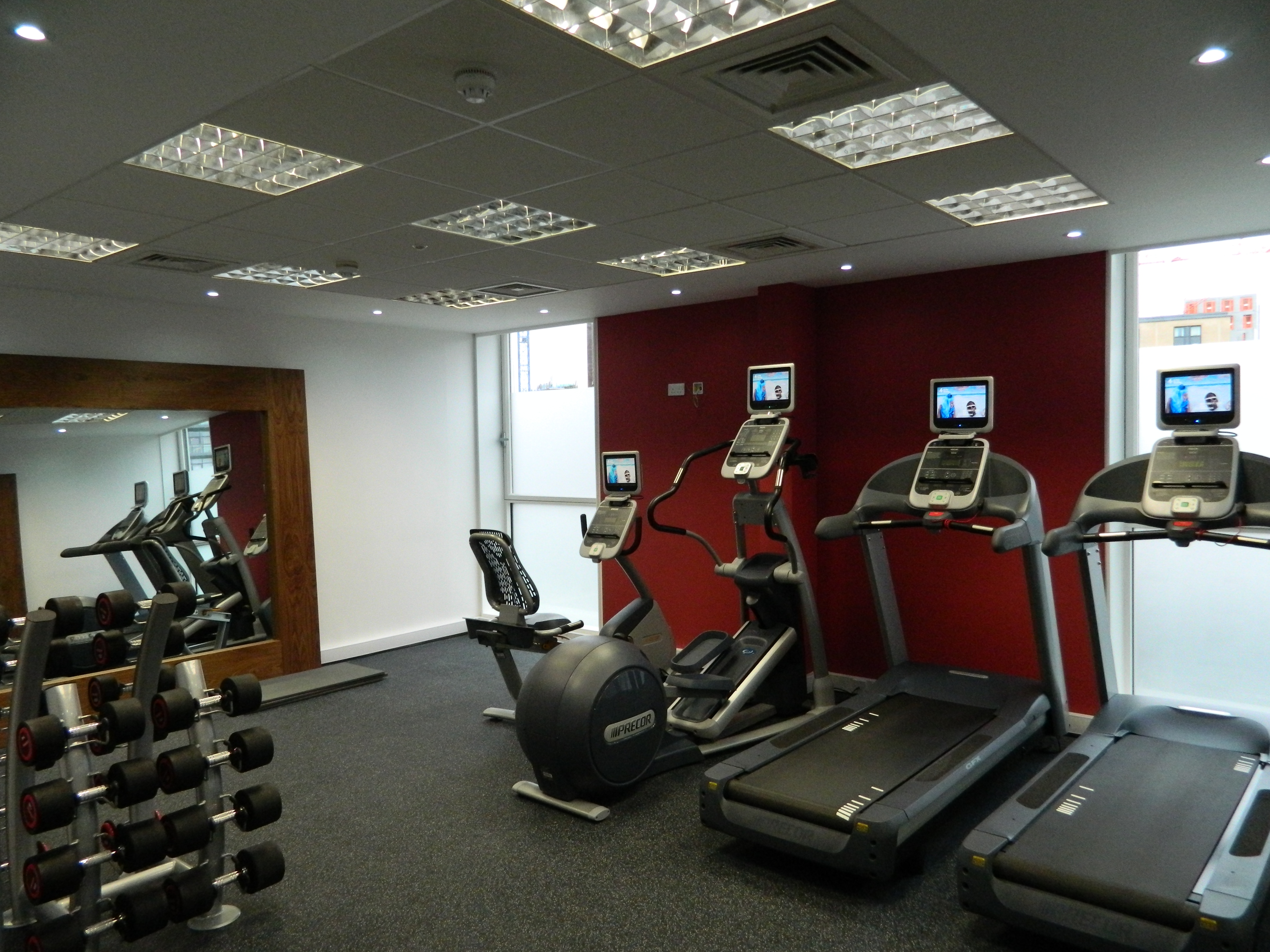 Fitness Center Equipment Including Cardio Machines, Free Weights, Exercise Ball and a TV
