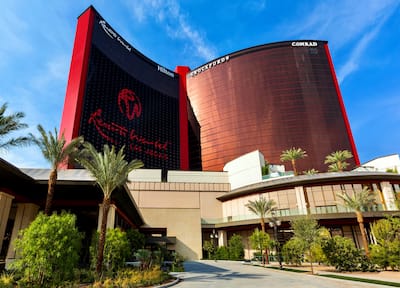 View of entrance to Resorts World Las Vegas building from street