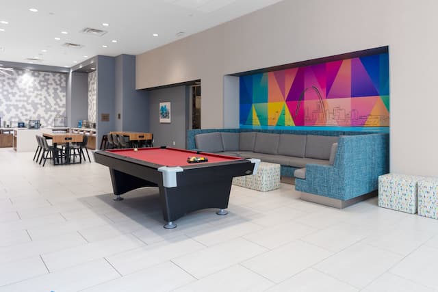 lobby seating and pool table