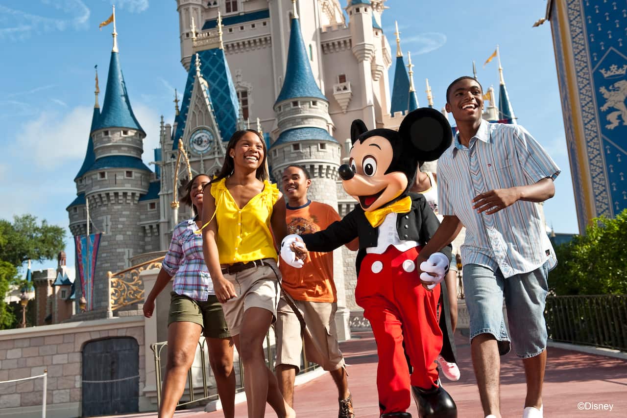 Family with Mickey in front of Magic Kingdom Park