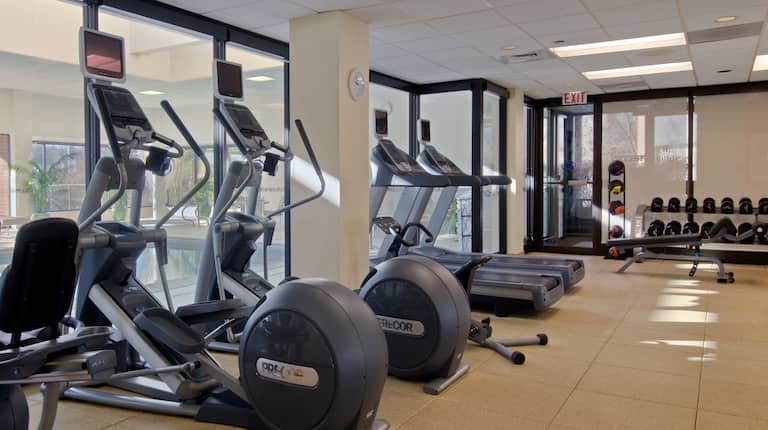 DoubleTree Hotel Fitness Center with Elliptical Machines, Treadmills, and Dumbbells
