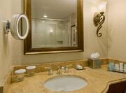 Guestroom Bathroom with Vanity, Mirror, Amenities, and Shower
