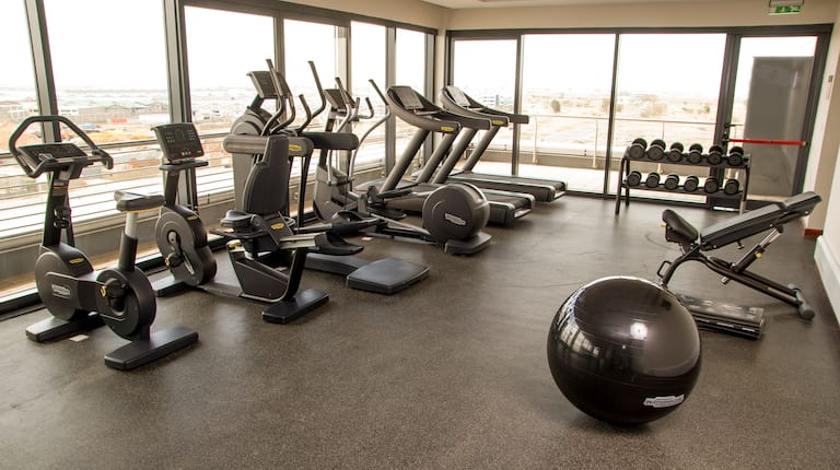 Fitness Center with Treadmills, Cross-Trainer, Cycle Machines, Gym Ball, Weight Bench and Dumbbell Rack
