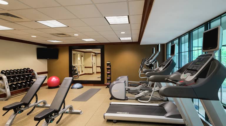 Fitness Center With Cardio Equipment Facing Windows, Weight Benches, Free Weights, TV, Red Exercise Ball, Large Mirrored Wall and Weight Balls