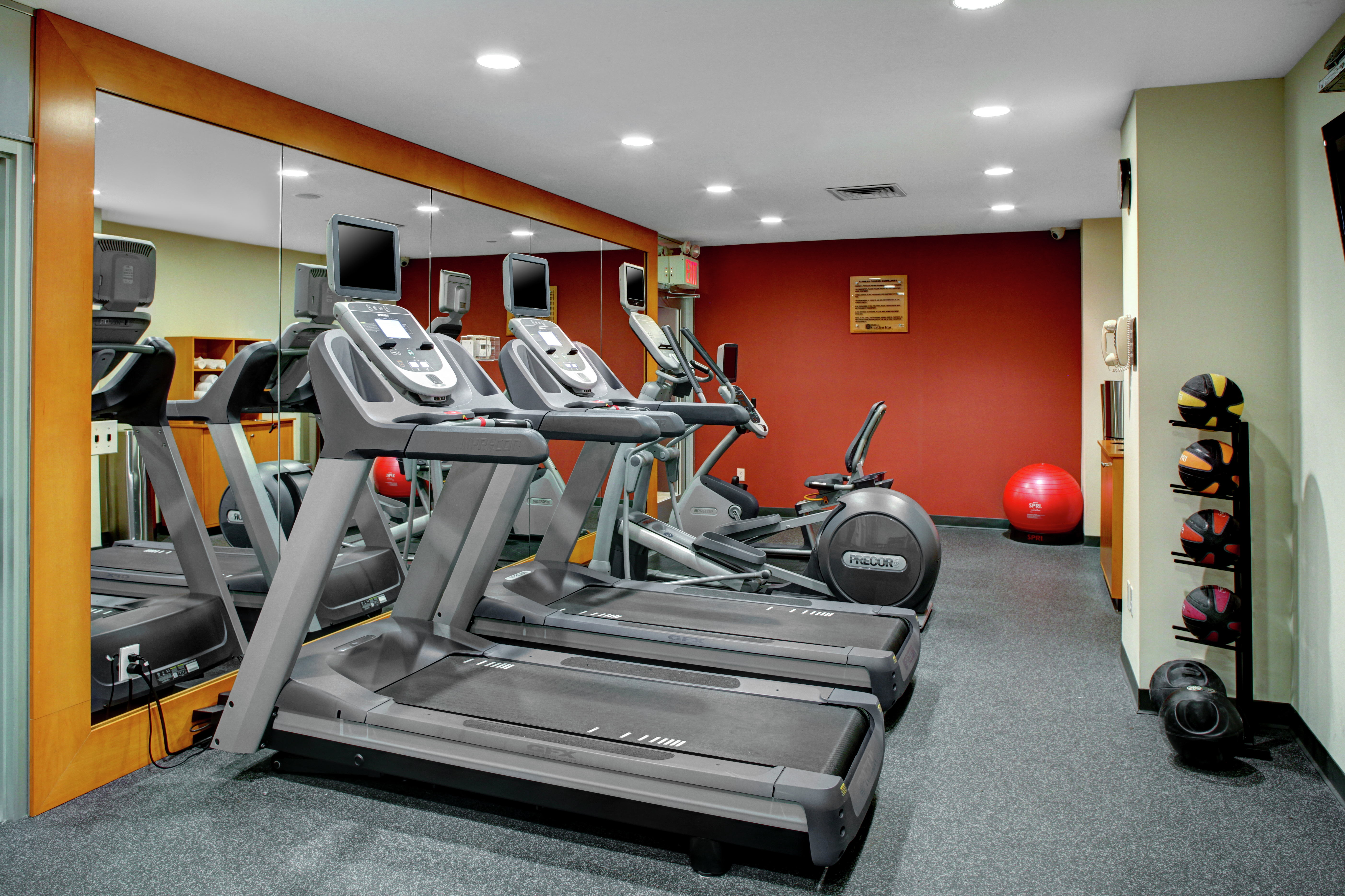 Fitness Center With Mirrored Wall, Cardio Equipment, Red Stability Ball, and Weight Balls