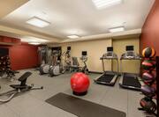 Fitness Center With Cardio Equipment, Weight Balls, Red Exercise Ball, Free Weights, and TV