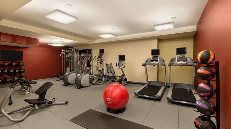 Fitness Center With Cardio Equipment, Weight Balls, Red Exercise Ball, Free Weights, and TV
