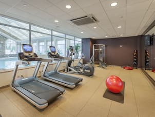Fitness Center With Red Exercise Ball, Cardio Equipment Facing Windows With Pool View, Weight Machine, Aerobic Stepper, Weight Balls, TV, and Mirrored Wall