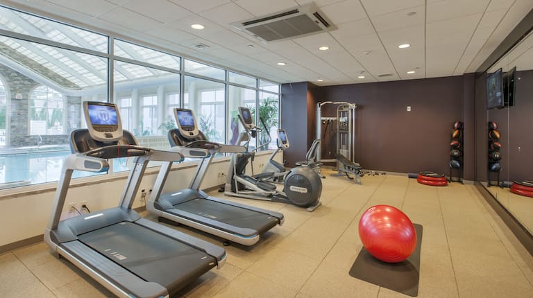 Fitness Center With Red Exercise Ball, Cardio Equipment Facing Windows With Pool View, Weight Machine, Aerobic Stepper, Weight Balls, TV, and Mirrored Wall