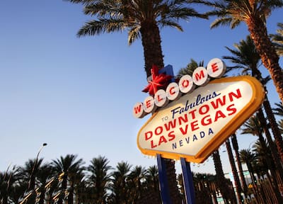 Welcome to fabulous downtown Las Vegas Nevada sign with palm trees