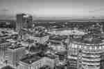 A skyline view of Orlando at dusk. 