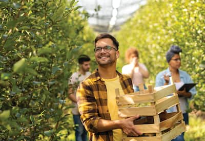 A smiling man stands among trees holding a crate of fruit with people in the background.