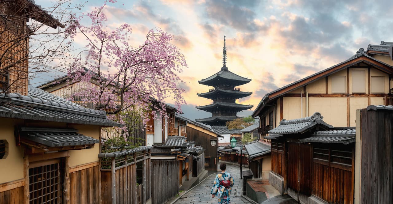 Woman walking to sight see in Kyoto, Japan during cherry blossom season. 