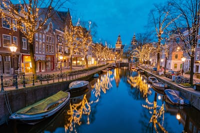 Amsterdam canals with Christmas lights during winter