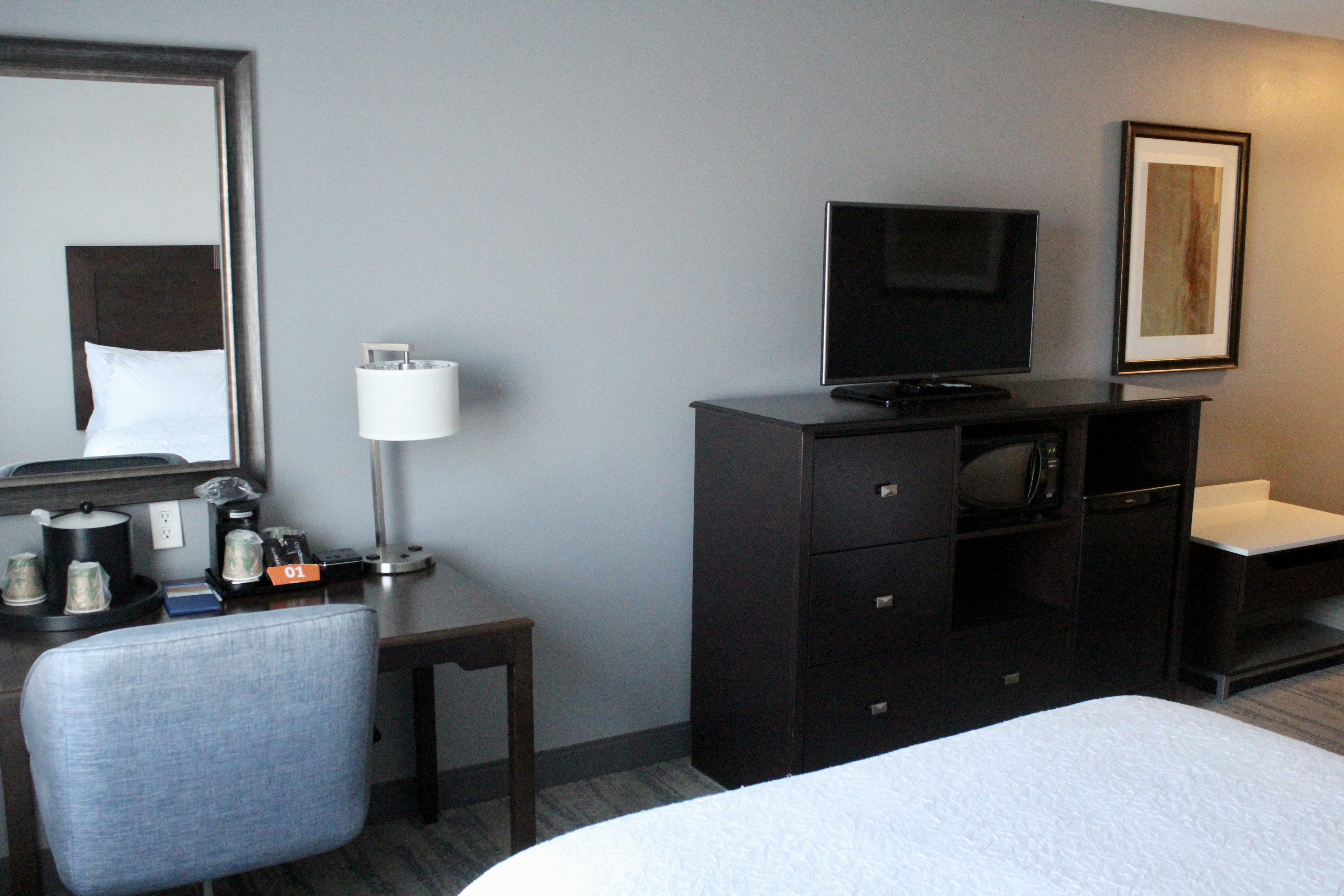 Guest Room Amenities like Microwave HDTV and Desk Area with Mirror