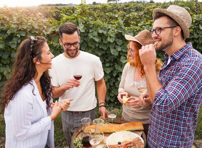 Happy friends having fun drinking wine at winery/vineyard.