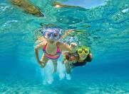 An underwater shot of a mother and daughter snorkelling
