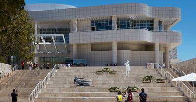 Exterior stairwell of Getty Center Museum Los Angeles daytime with people and tourists