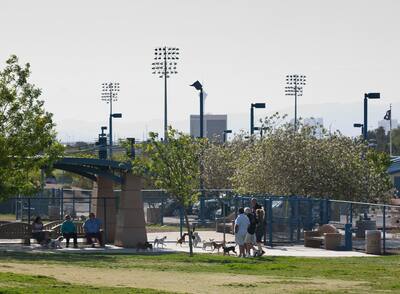 People and dogs enjoy a the Kellogg Zaher Sports Complex dog park in Las Vegas.